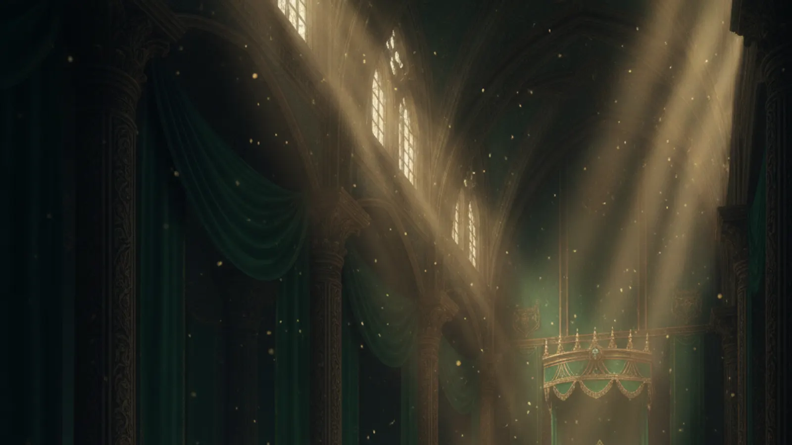 Gr&uuml;ner Thronsaal mit goldenen Lichtstrahlen durch hohe Fenster